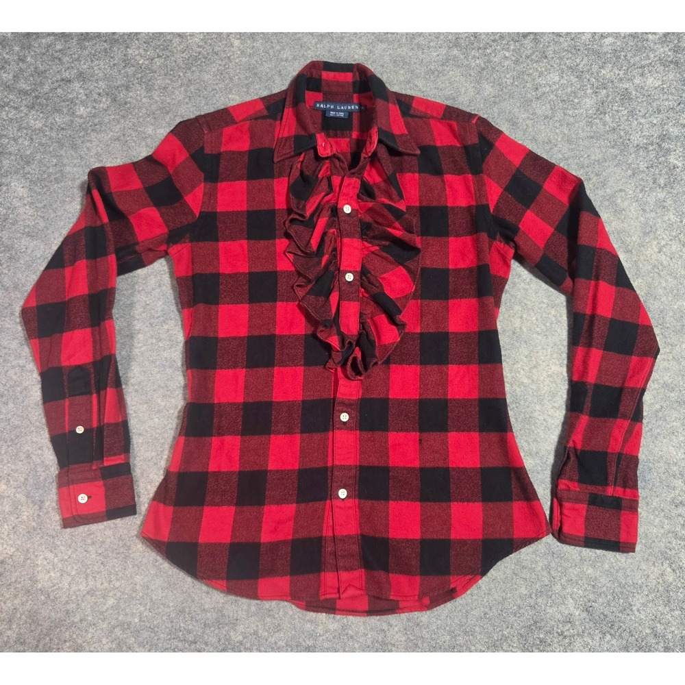 Ralph Lauren Buffalo Plaid Ruffle Front Flannel Shirt Red Black Size 4 Napoleon